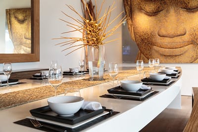 Dining and kitchen area at villa 3, Samsara private estate, Kamala, Phuket, Thailand